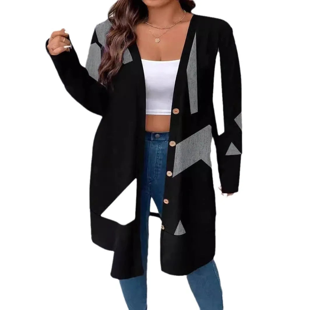 Black plus size casual cardigan coat with button stitching and printing design in Japanese Korean style