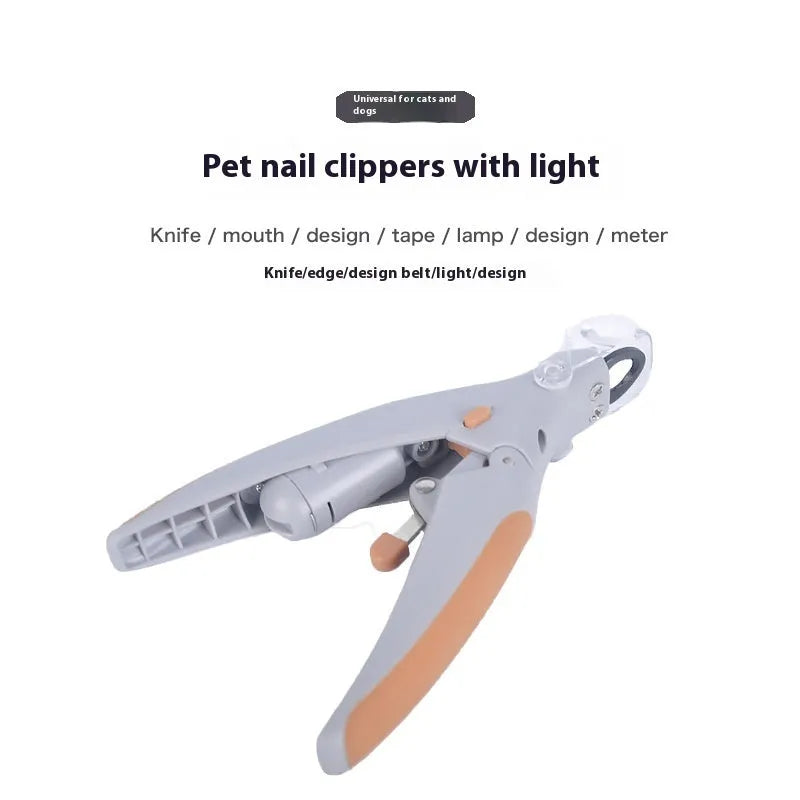 White dog nail trimmer with imitation blood guide and light on blue blister card packaging