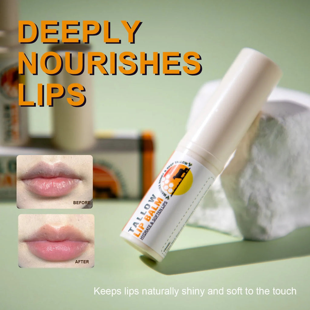 Tallow lip balm stick showing 83mm length with 5g content in twist-up format