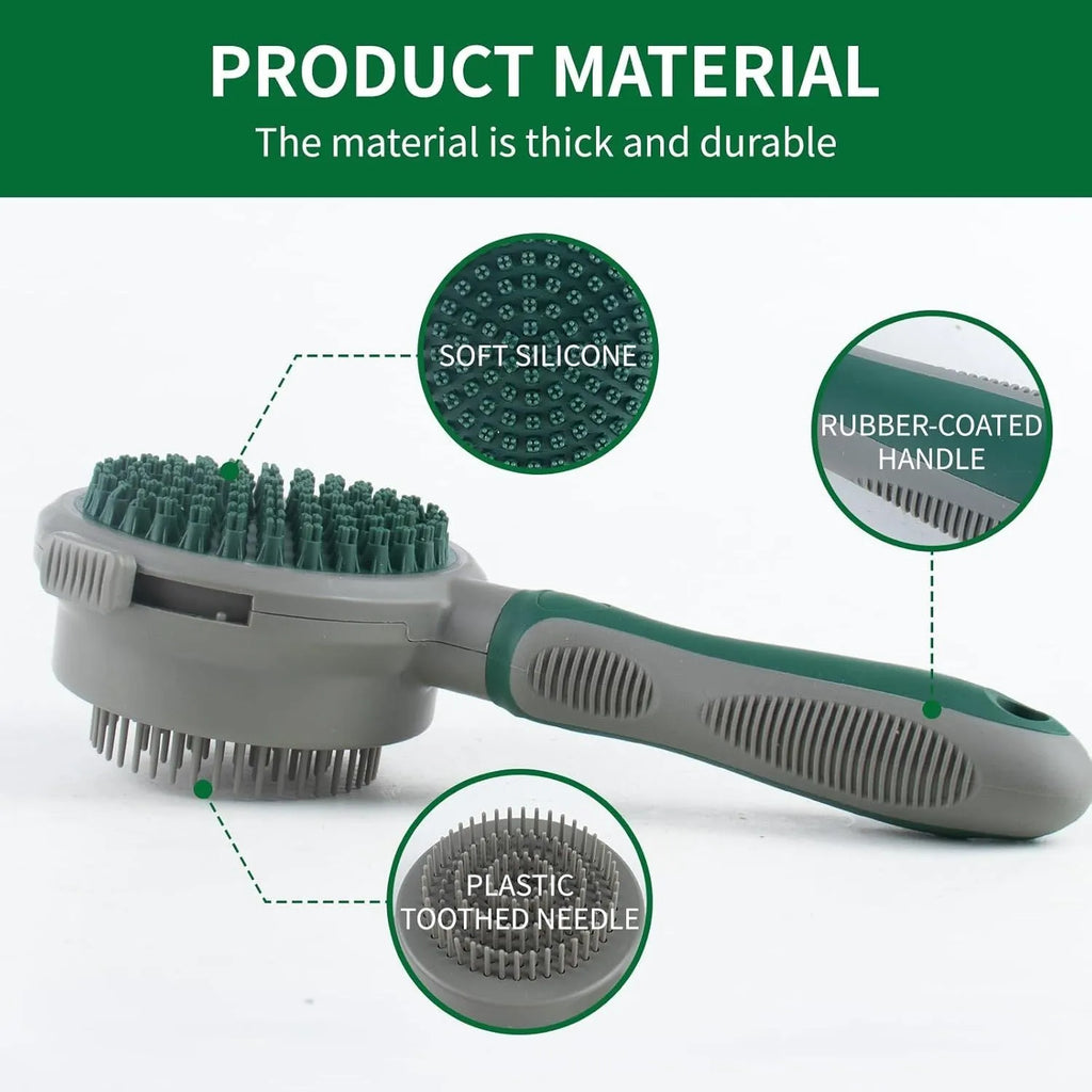 Green and pink 2-in-1 silicone cat hair brush with retractable slicker brush and massaging head.