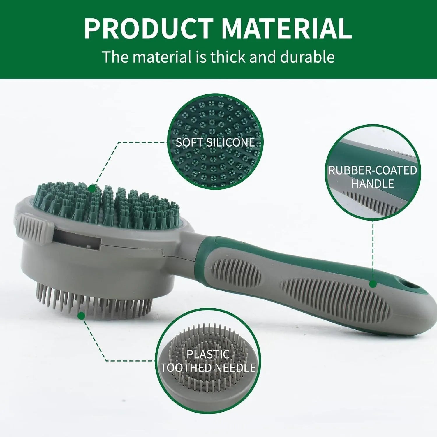 Green and pink 2-in-1 silicone cat hair brush with retractable slicker brush and massaging head.