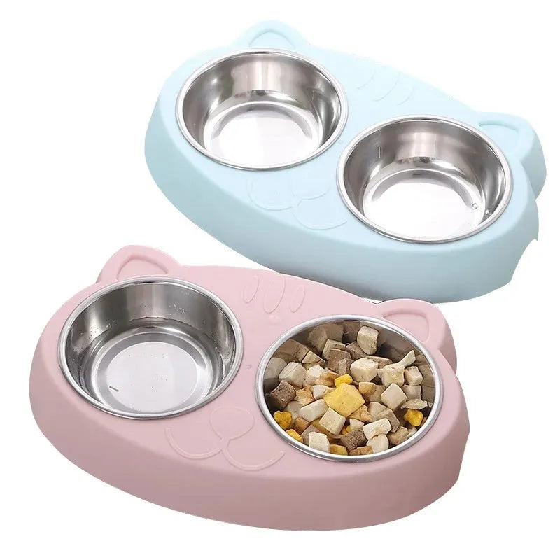 Blue macaron pet feeding tray with two compartments for food and water on non-slip base