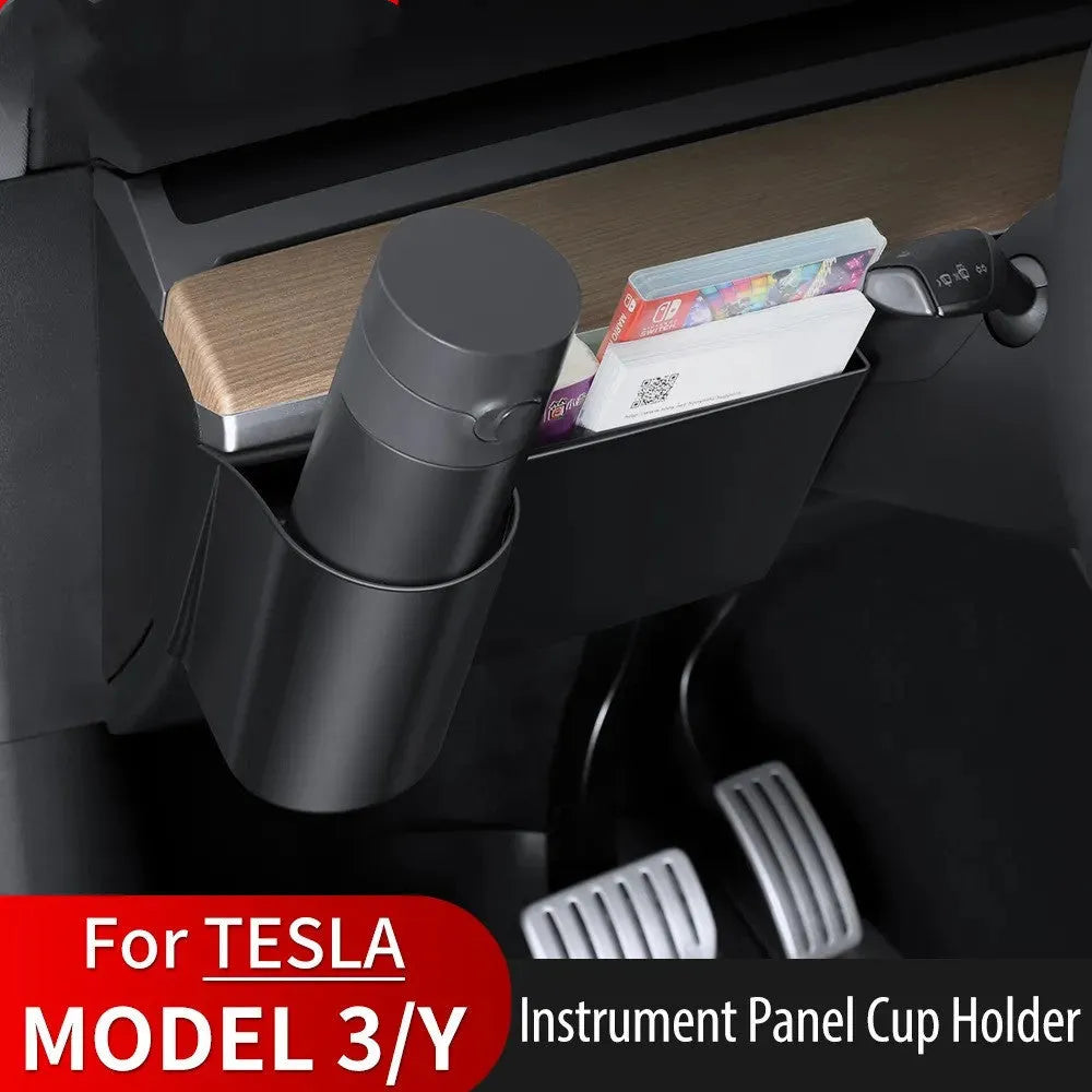 Plastic water cup holder for Tesla Model 3 and Model Y dashboard with a carrying handle.