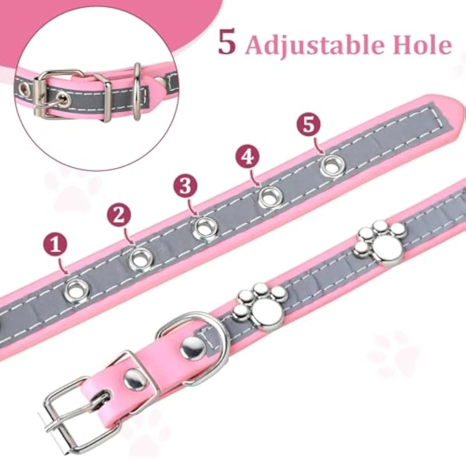 Reflective adjustable leather dog collar with paw rivet on a grey background.