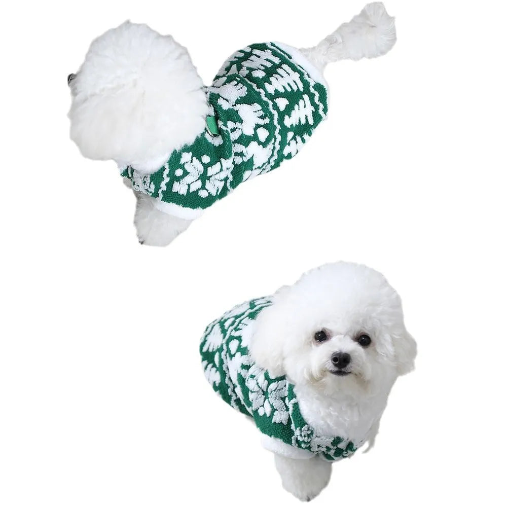 Christmas plush pet hoodie in green with traction rope buckle, sizes XS to XXL for small dogs and cats.