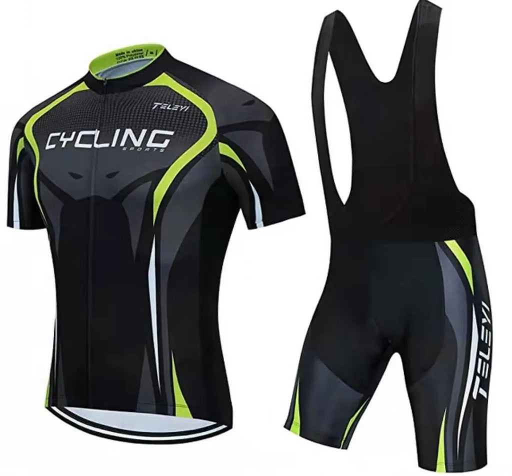 A cycling jersey set on a mannequin, showing a sleeveless top and matching pants, for summer mountain and road biking.
