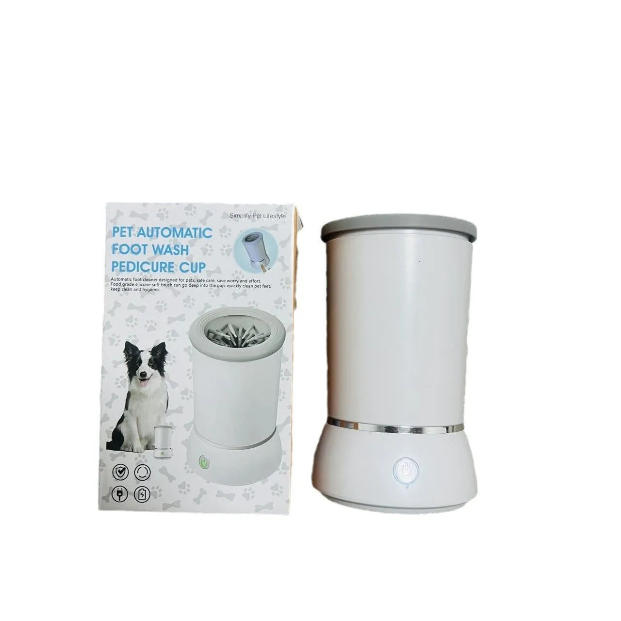 White and blue pet paw cleaning cup with silicone bristles for dogs and cats
