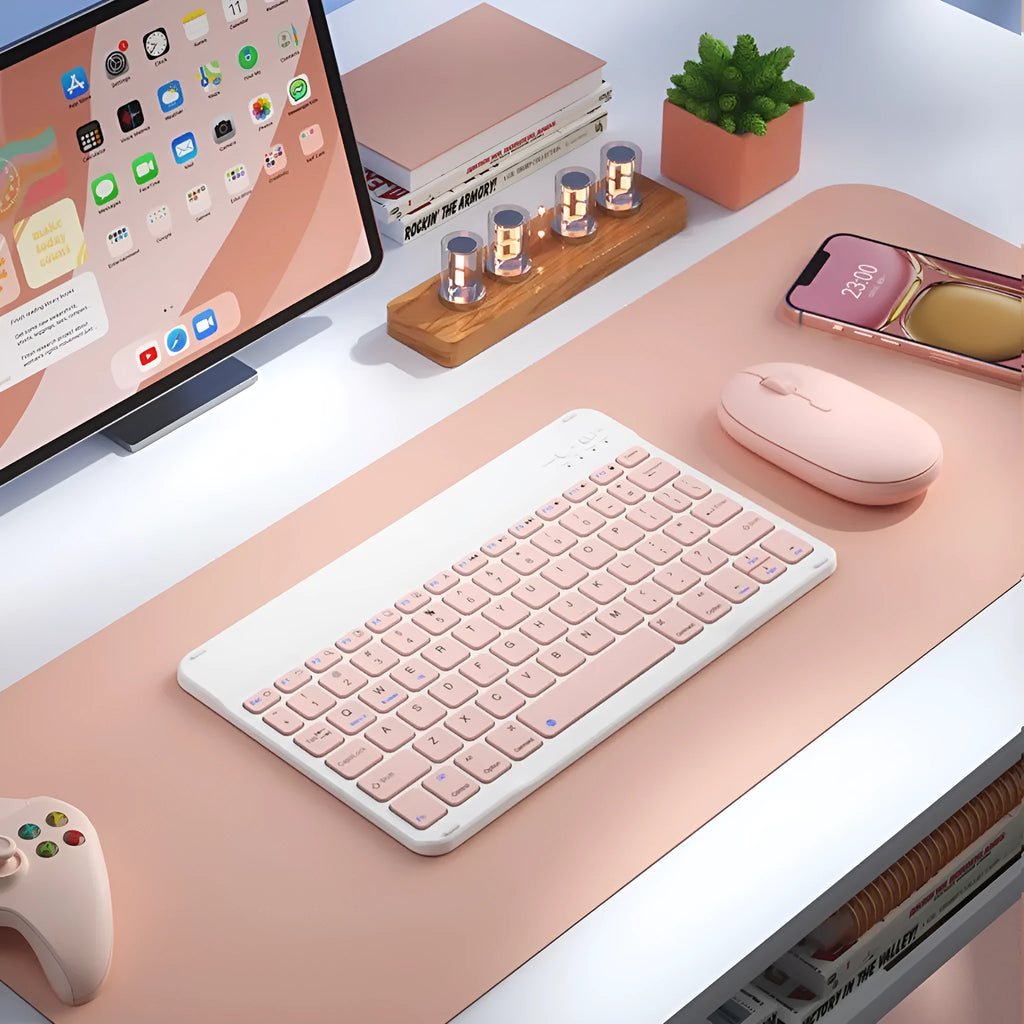 Bluetooth keyboard and rechargeable mouse set for tablet in elegant white on a desk