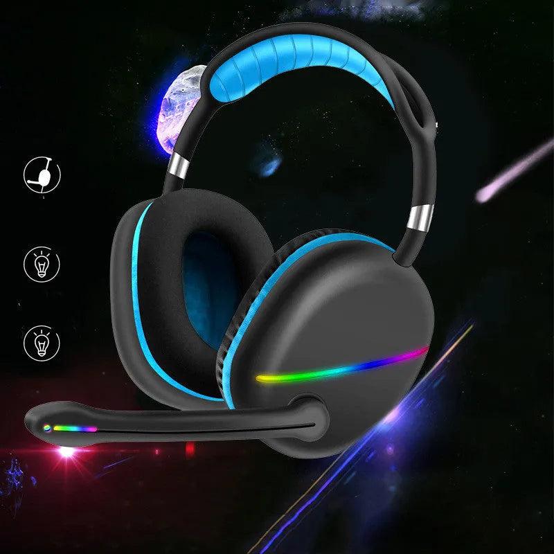 Headworn Bluetooth earphones with RGB colour lights in blue, pink, or red