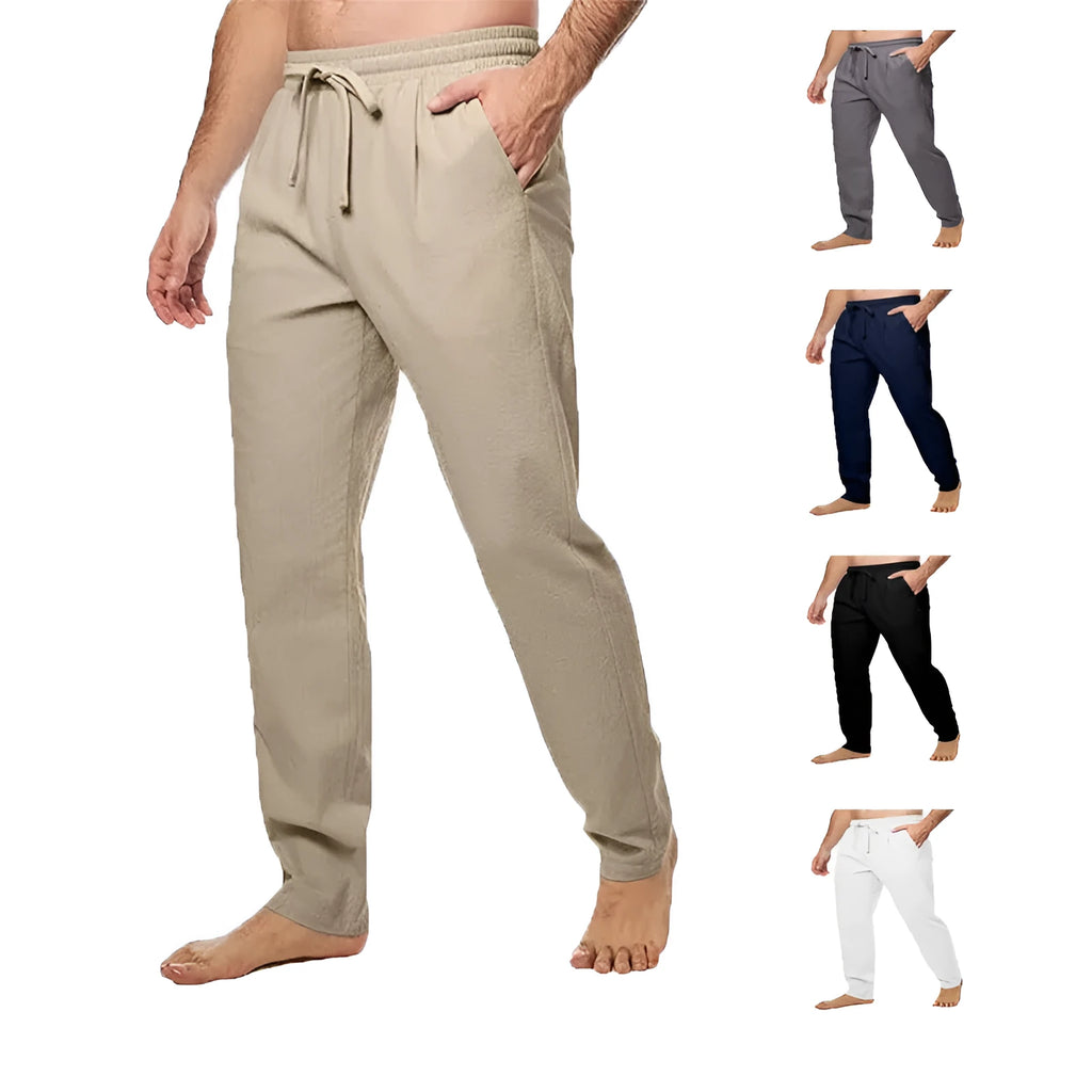 Men's cotton and linen loose straight trousers in khaki with drawstring waist and belt