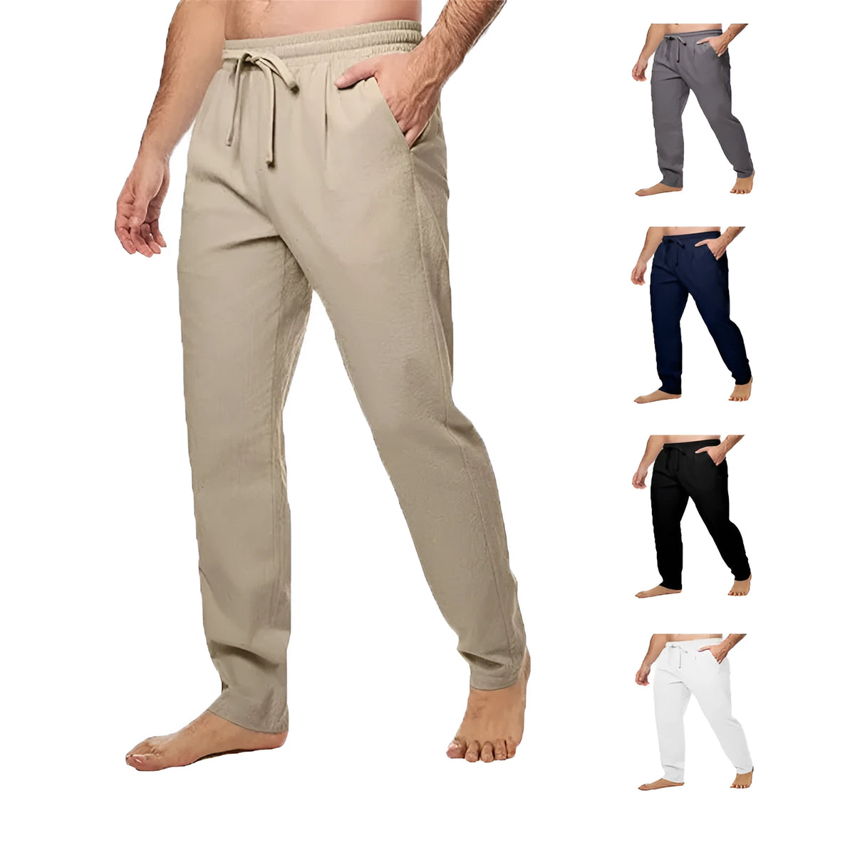 Men's cotton and linen loose straight trousers in khaki with drawstring waist and belt