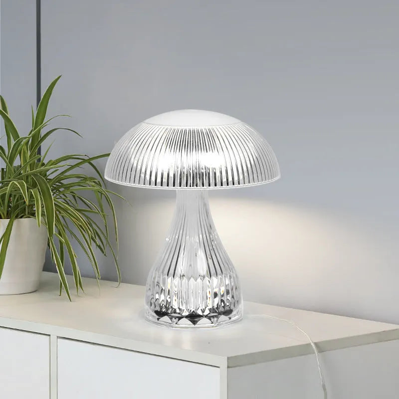 White acrylic touch night lamp with USB charging port on a wooden table.