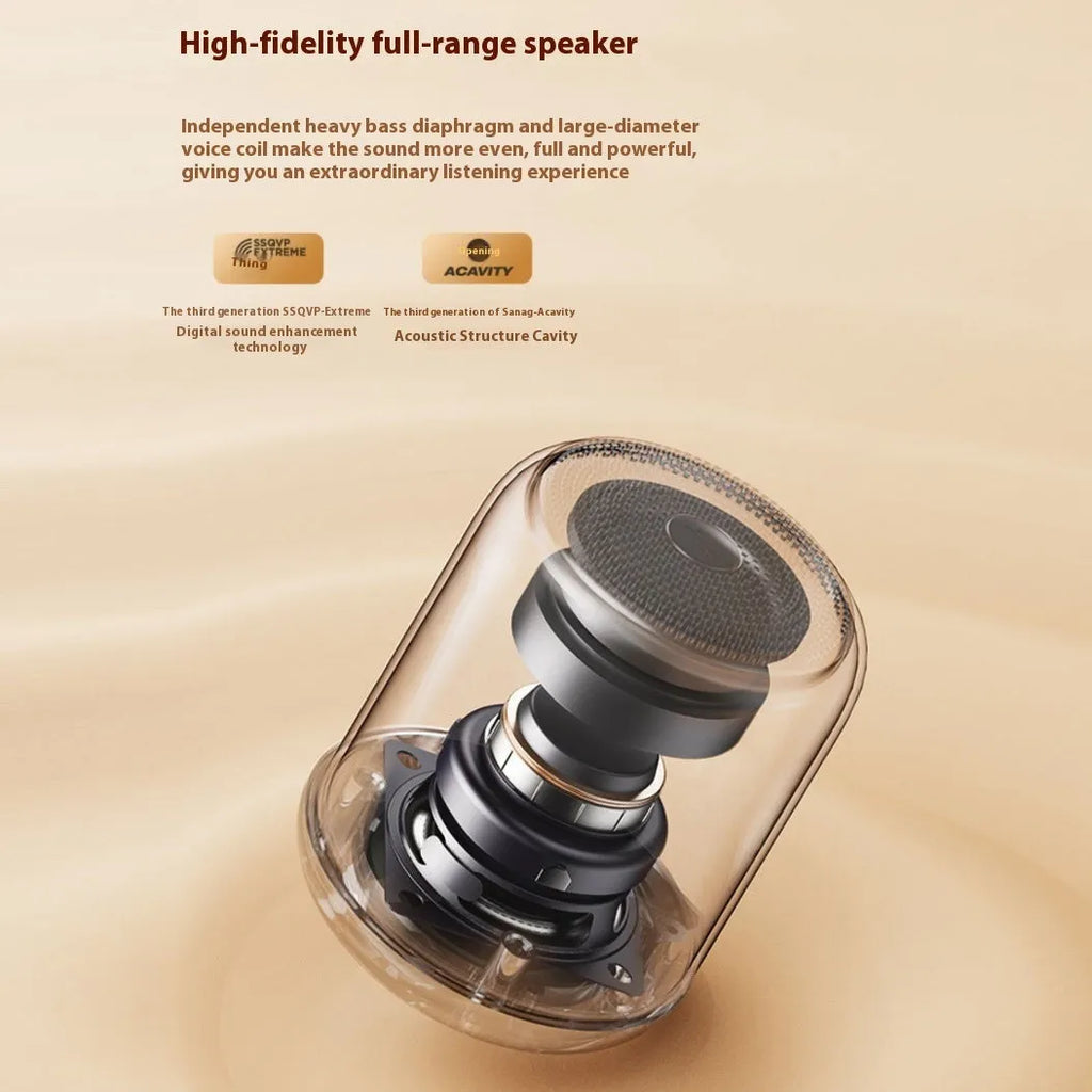 Bluetooth mini portable speaker in beige, front view, with compact design and visible speaker grille