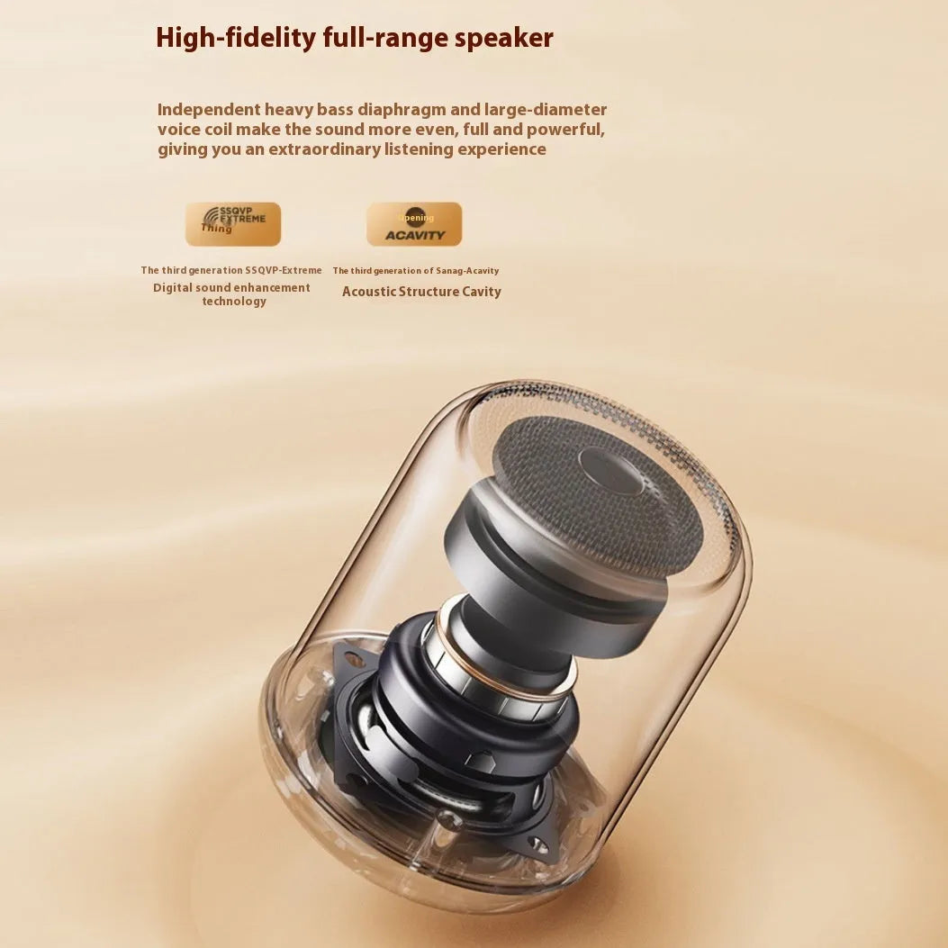 Bluetooth mini portable speaker in beige, front view, with compact design and visible speaker grille