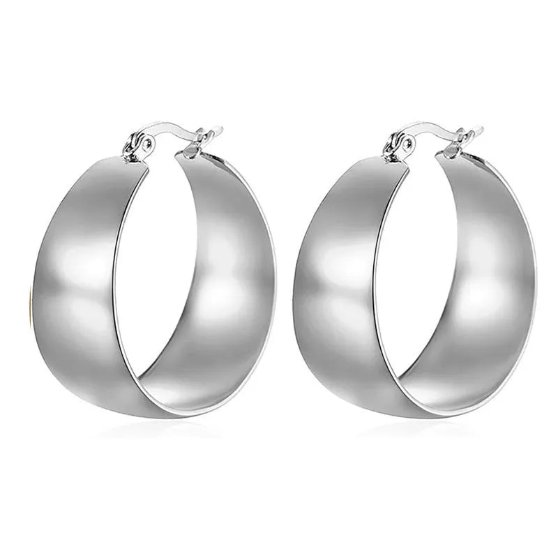 Stainless steel earrings with curved ear wire in gold or steel colour, 25mm and 30mm sizes