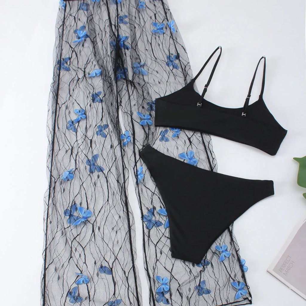 Black transparent voile bikini set with butterfly pattern showing top, underwear and pants pieces