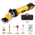 Yellow electric wool shears with 110V plug and multiple blade sets including straight and curved knives