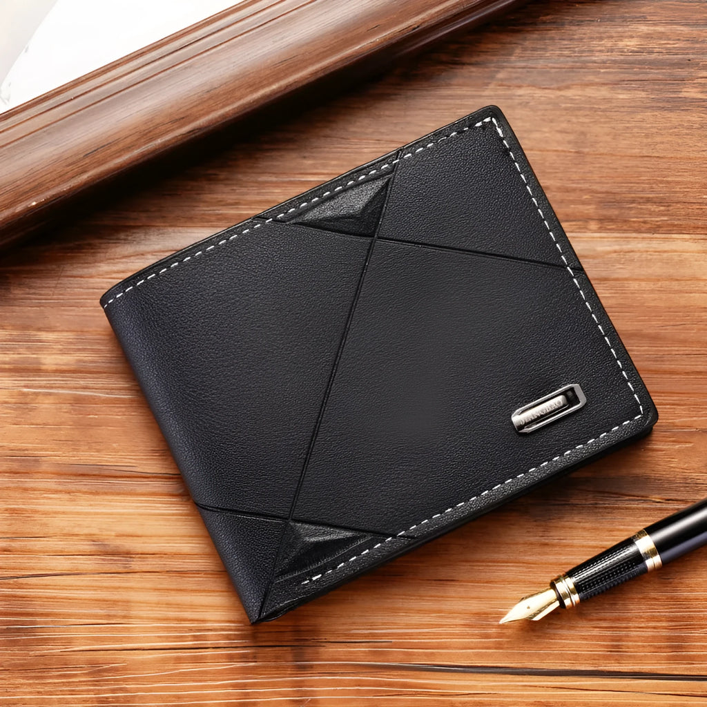 Men's thin three-fold horizontal PU leather wallet showing multiple card slots in black colour