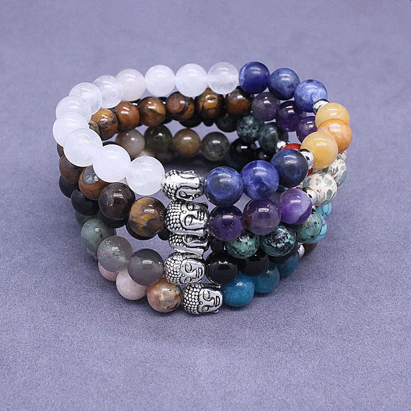 Natural stone agate mixed colour elastic bracelet unisex with black agate and tigereye beads on white background