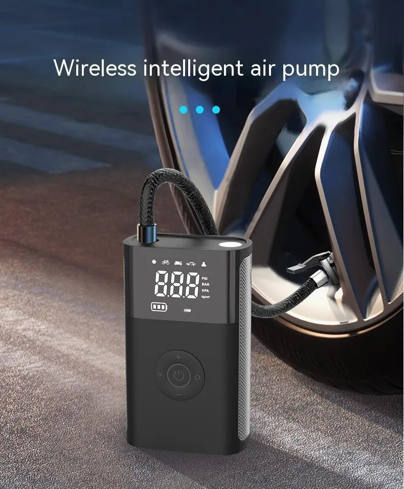 Black handheld digital car tyre pump with LED display and attached air hose, alongside bicycle and ball nozzles.