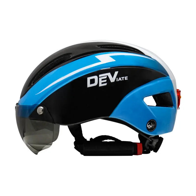 Adult bicycle helmet in Black Blue White colour scheme with adjustable straps and free size fit.