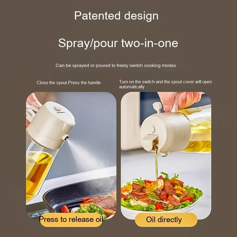 Glass oil sprayer and pour dispenser bottle in beige, yellow, green, or black with ergonomic handle.