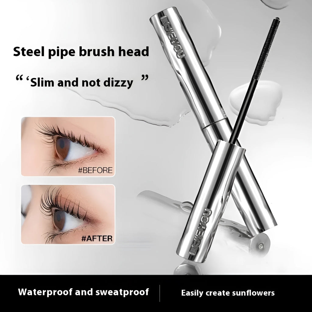 Waterproof steel tube mascara for long thick eyelashes in black or brown colour