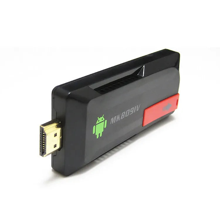 MK809 IV Android TV dongle black connected to TV via HDMI cable with remote control