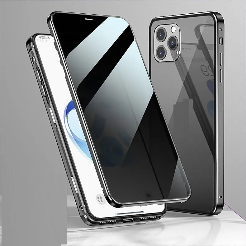 Magnetic clamshell iPhone case with double-sided tempered glass and anti-spying privacy screen in multiple colour options