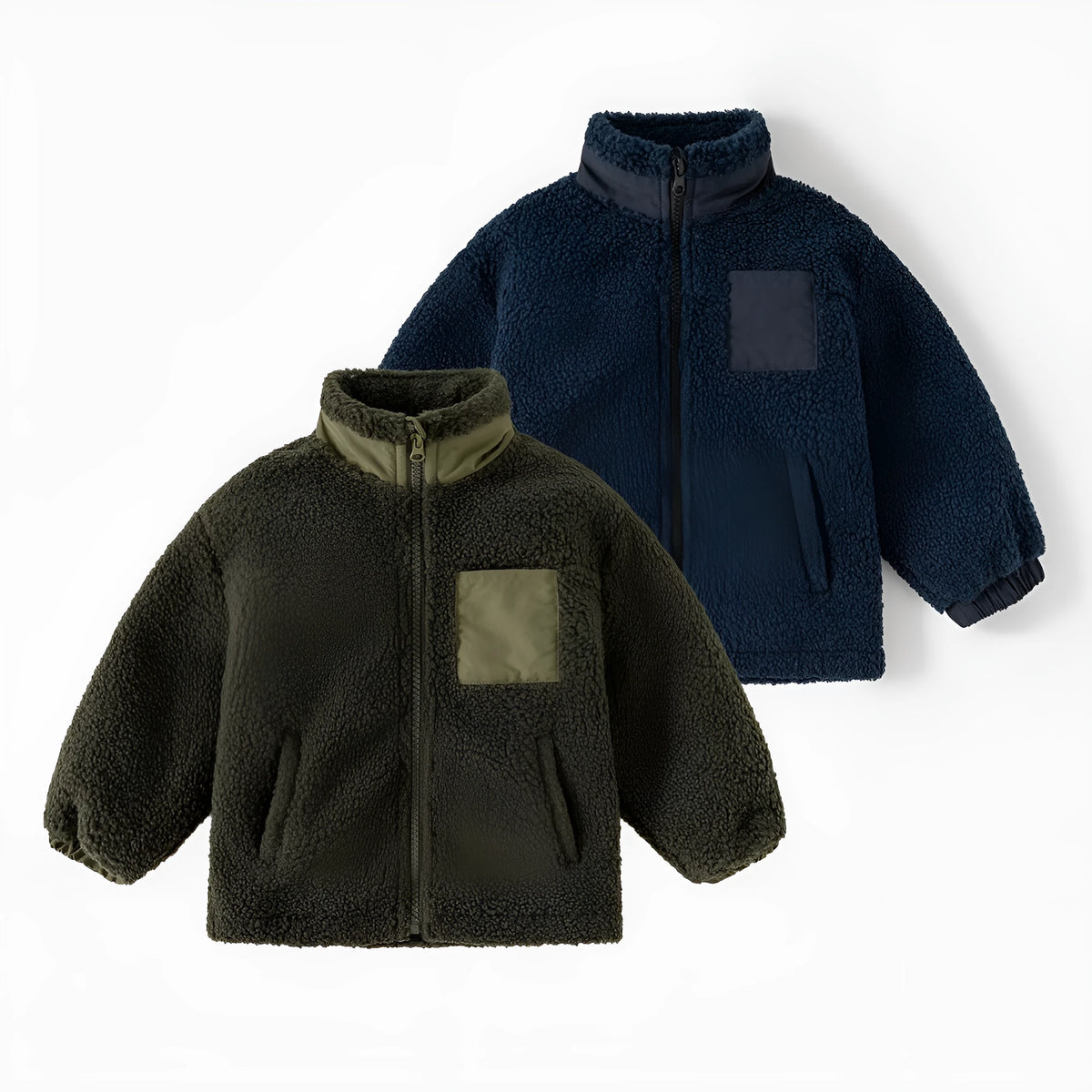 Boys' thickening coat with fleece stand collar and zip front in navy blue or army green, height sizes 90cm to 130cm