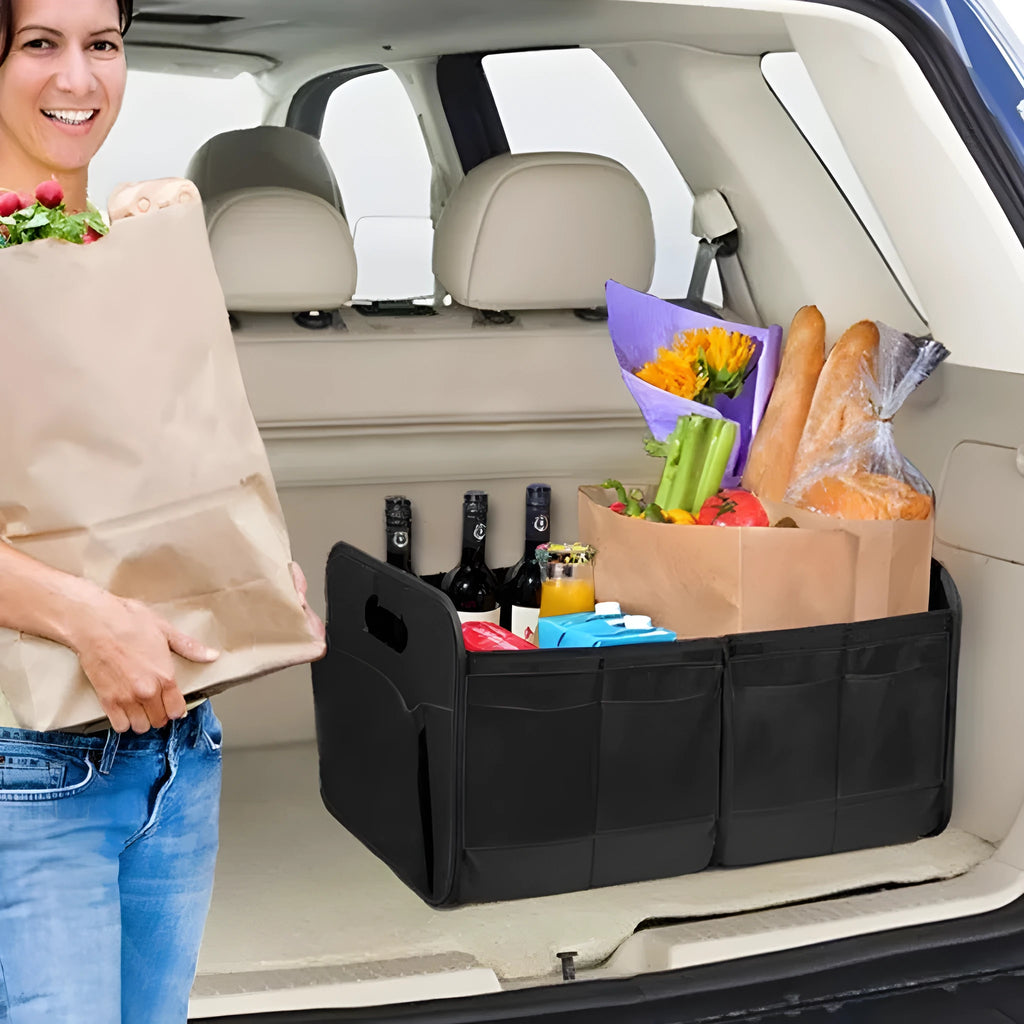 Black foldable Oxford cloth car boot storage box with handle on car boot floor
