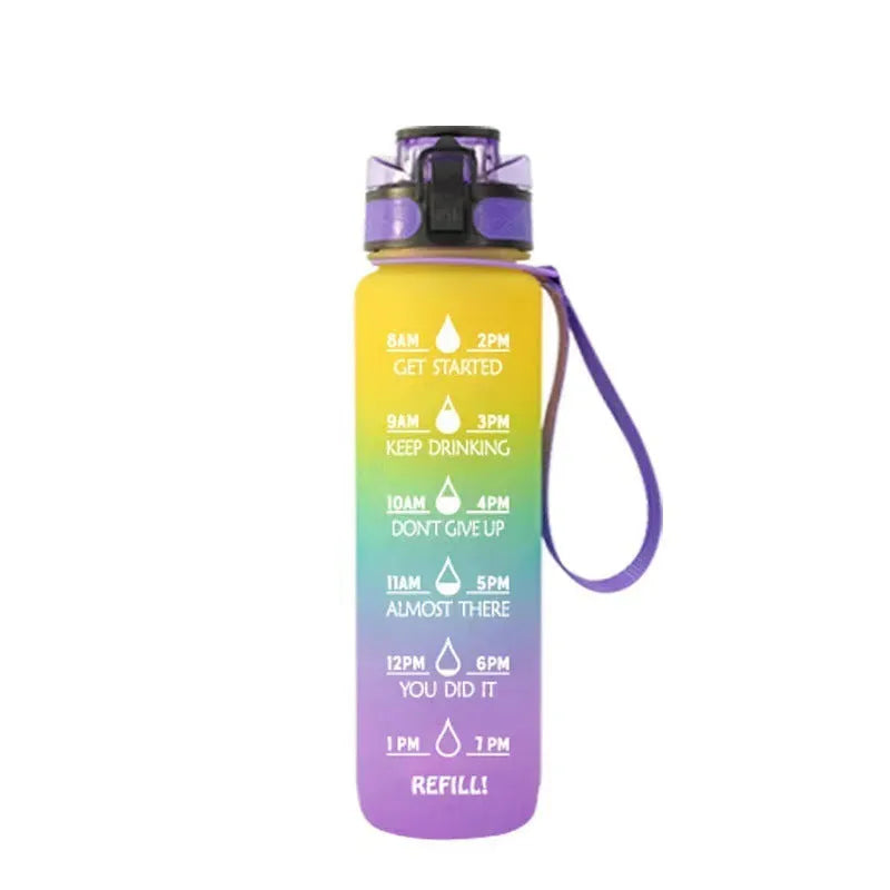 Clear transparent Tritan plastic sports water bottle with infuser, 1000ml capacity, on a plain background.