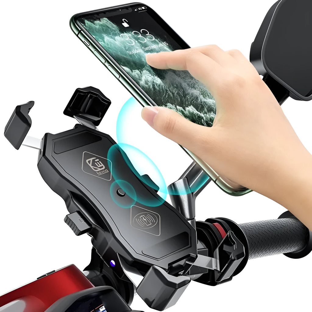 Black plastic motorcycle phone holder with wireless charging and 360-degree rotation mounted on a handlebar