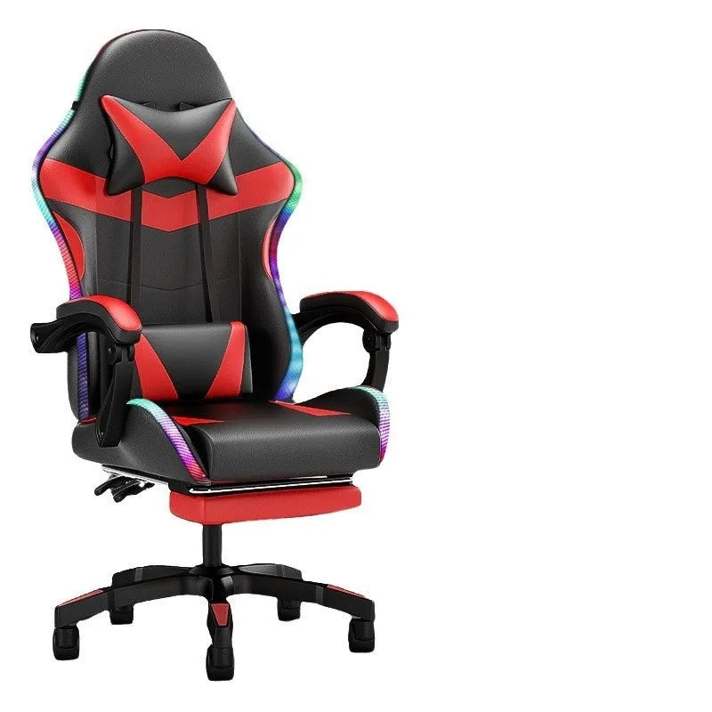Adjustable reclining massage computer chair in leather with footrest and LED option, e-sports chair for home gaming and office