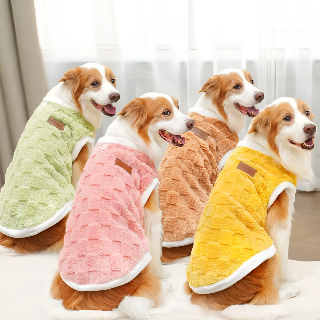 Pet autumn winter cotton dog coat with coral fleece lining in yellow square grid pattern, size M, shown on small dog