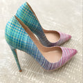 Pink and blue gradient patent leather ladies high heels with pointed toe and high thin heel