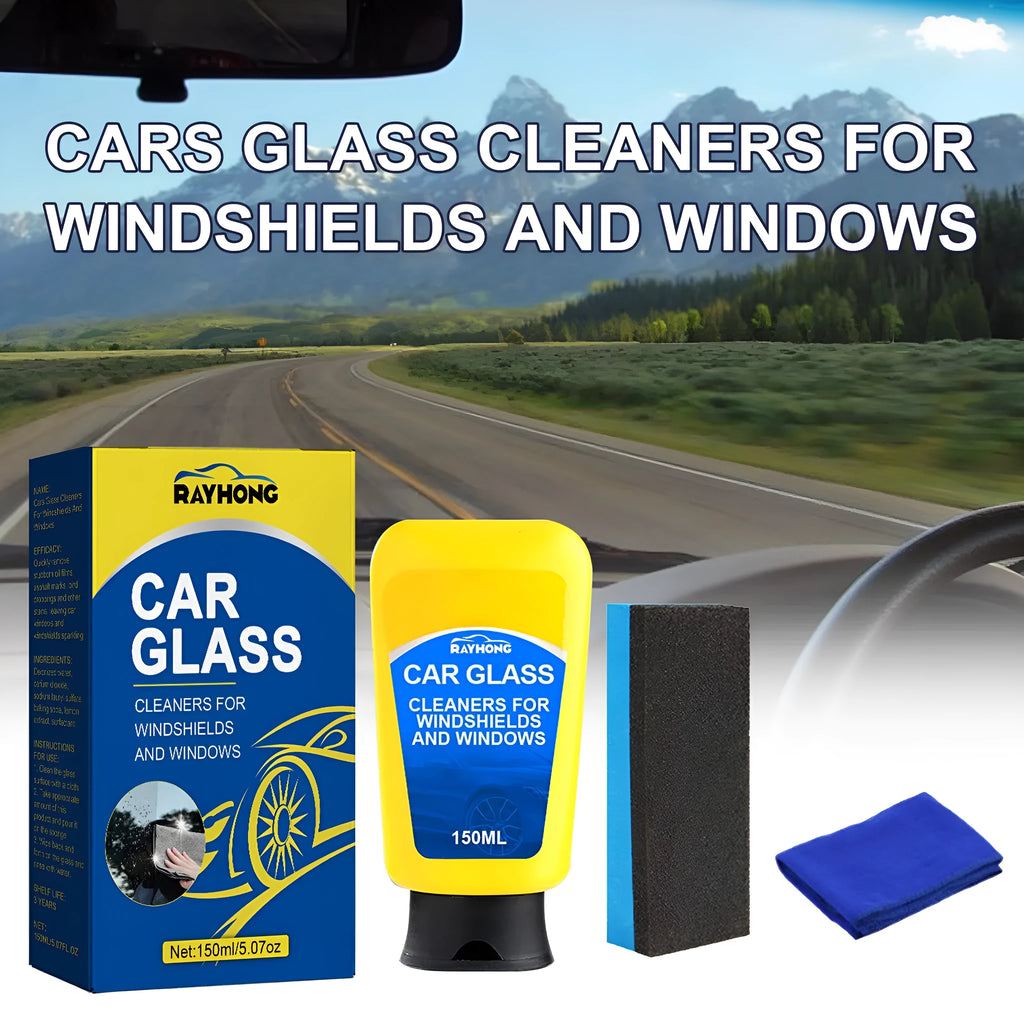 Car windscreen cleaning kit showing 150ml detergent bottle, sponge and cloth for automotive glass.