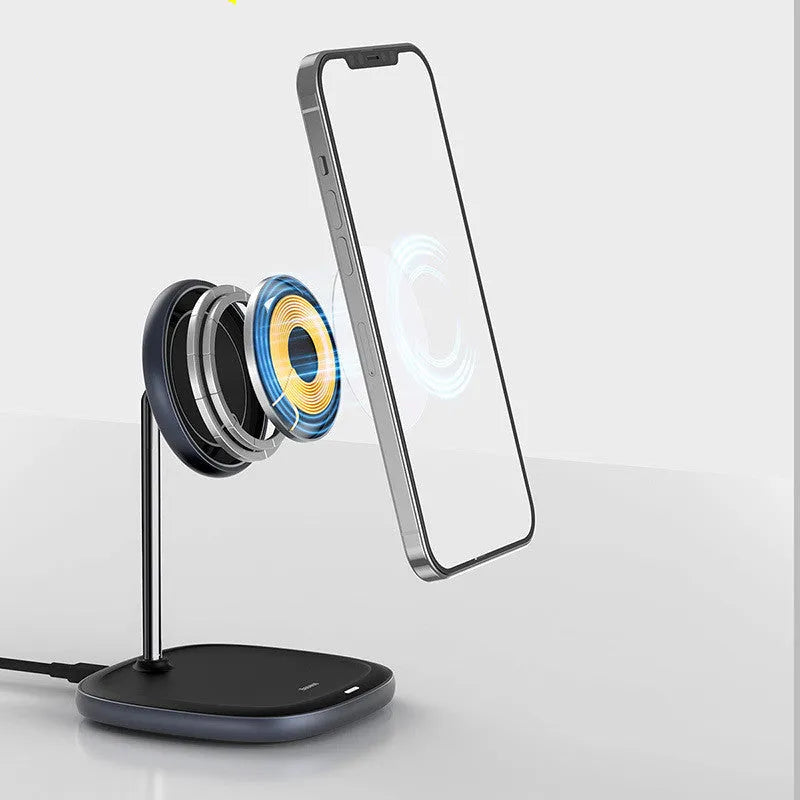 Black magnetic wireless charging stand for Apple iPhone 12 series on desktop