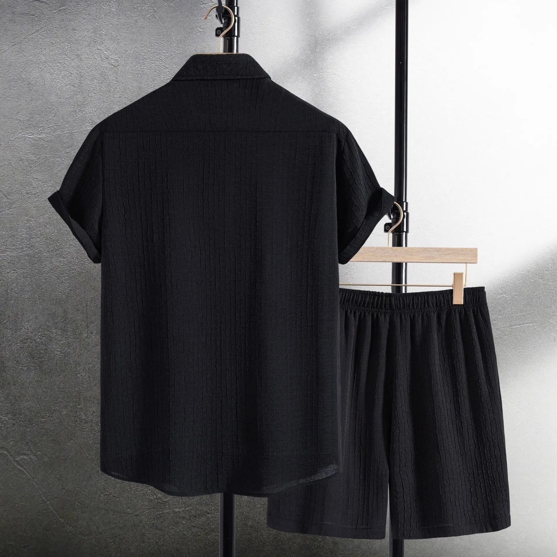 Men's black jacquard cotton blend short sleeve shirt with matching shorts casual set