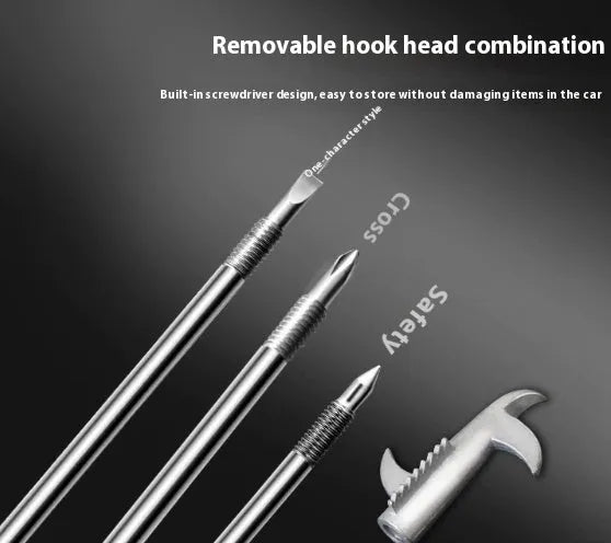 Portable alloy tyre cleaning tool set with built-in Phillips screwdriver and stone artifact, long style, on a white background.