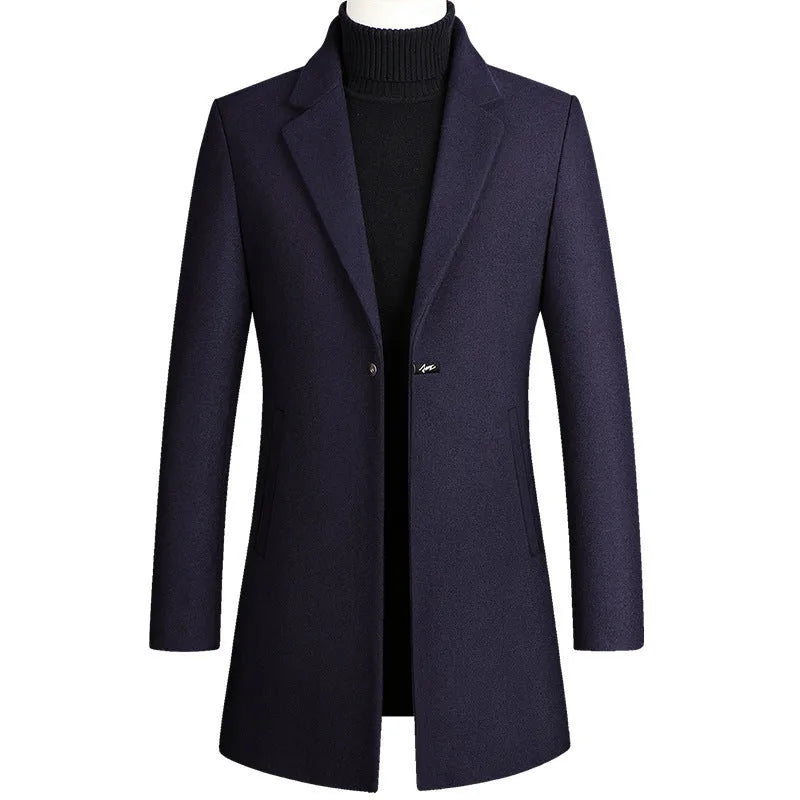 Korean style long woolen trench coat with one button, slim fit, straight hem, in army green colour