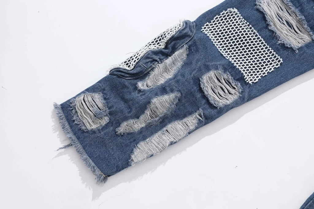 Men's heavy industry hole and patch straight jeans in black or blue, mid waist, cotton, sizes XL 2XL 3XL