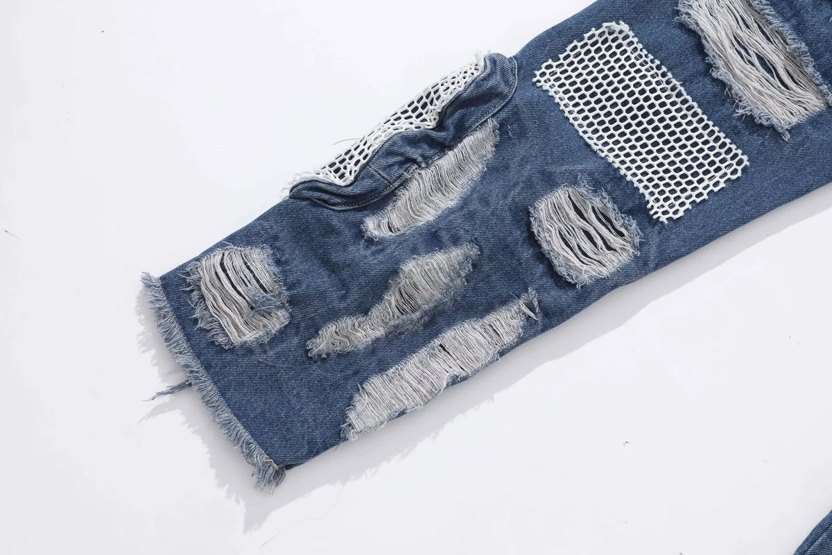 Men's heavy industry hole and patch straight jeans in black or blue, mid waist, cotton, sizes XL 2XL 3XL