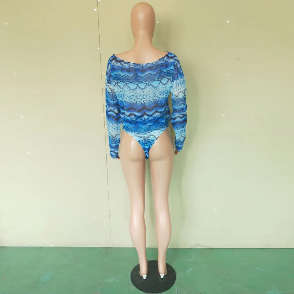 Women's snakeskin print bikini three-piece set with long sleeves in blue, green or purple