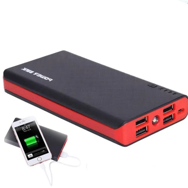 Red 20000mAh portable power bank showing size relative to a hand, with USB port visible.