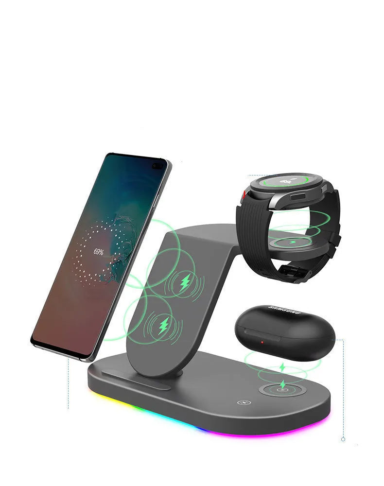 Three-in-one fast wireless charger in black or white, showing charging areas for phone, watch and headphones.