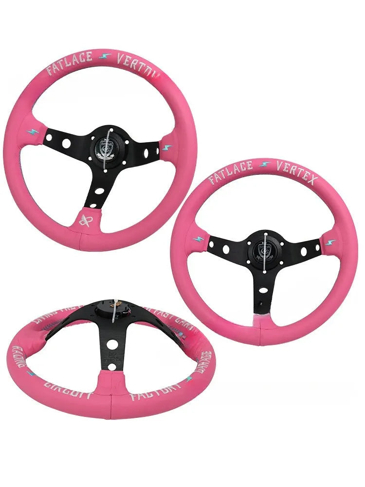 Pink leather 13-inch steering wheel with universal Lightning connector and aluminum bracket.