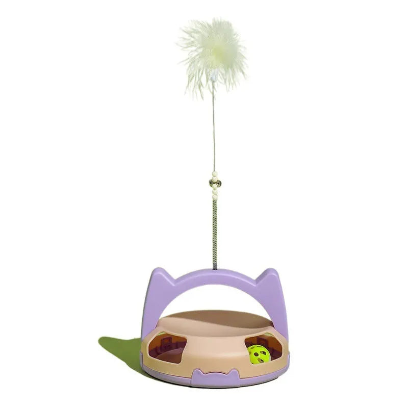 Bite resistant cat toy with spinning ball on stick in blue, blue pink, purple or yellow colours