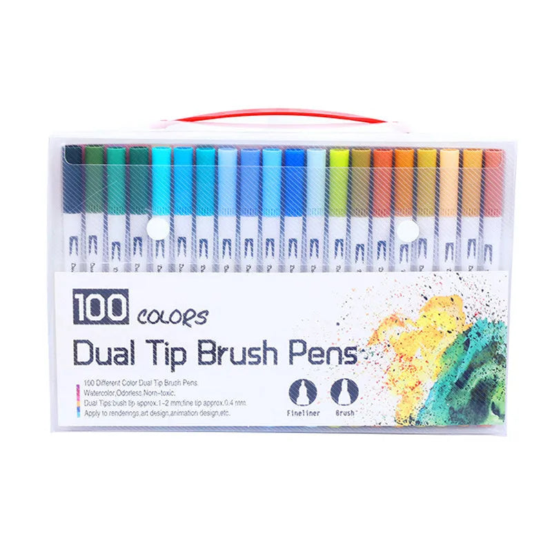 Set of 48 watercolour pens with plastic casings arranged in a case, showcasing a variety of colours for art projects.