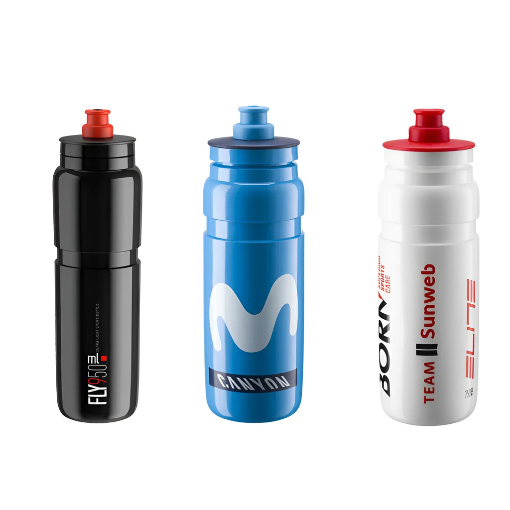Plastic push-type cycling water bottle in Movistar colour, 750ml, with blue and red stripes on white background
